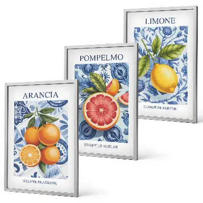 Triptykon med vintage illustrationer af citrusfrugter inklusive ramme