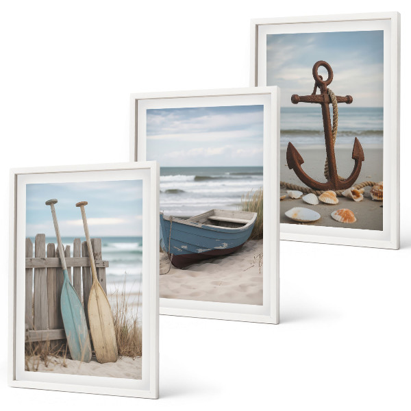 Triptykon billeder med ramme Strandbåd anker sand