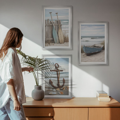 Triptykon billeder med ramme Strandbåd anker sand