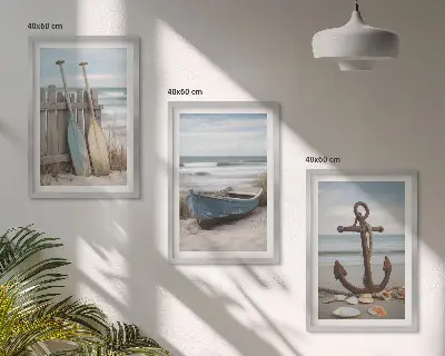 Triptyk-billeder med ramme motiv af strand, båd og anker