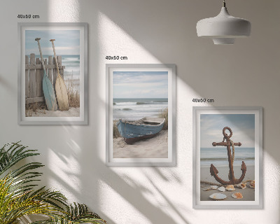 Triptykon billeder med ramme Strandbåd anker sand