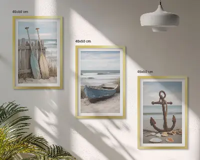 Triptyk-billeder med ramme motiv af strand, båd og anker