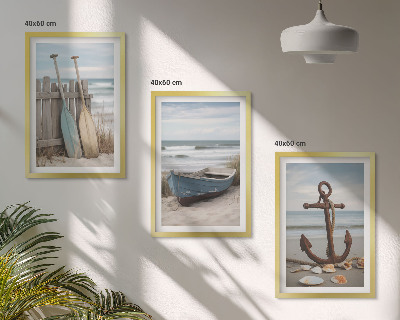 Triptykon billeder med ramme Strandbåd anker sand