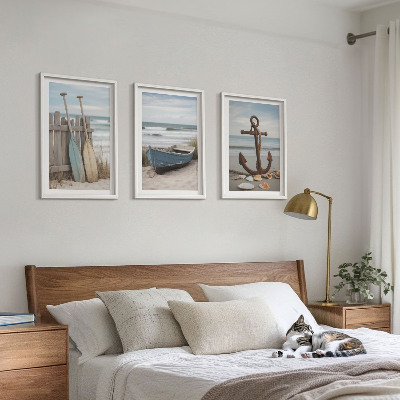 Triptykon billeder med ramme Strandbåd anker sand