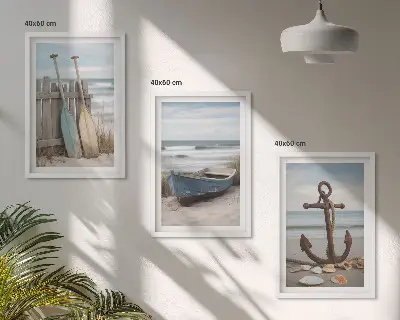 Triptyk-billeder med ramme motiv af strand, båd og anker