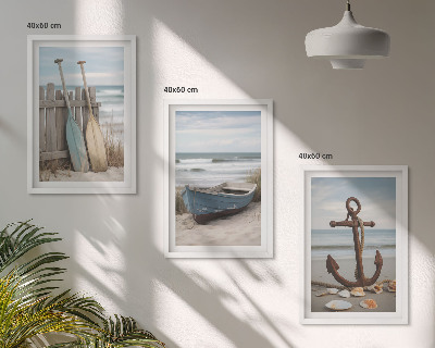 Triptykon billeder med ramme Strandbåd anker sand