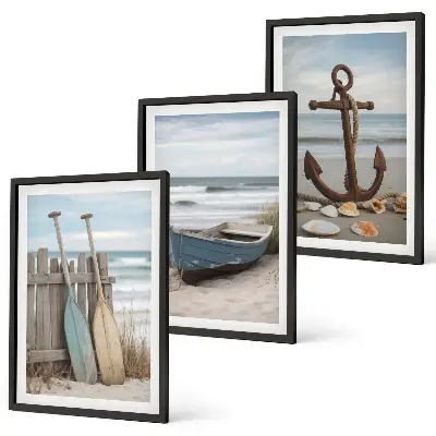 Triptyk-billeder med ramme motiv af strand, båd og anker