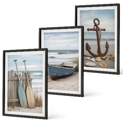 Triptykon billeder med ramme Strandbåd anker sand