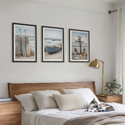 Triptykon billeder med ramme Strandbåd anker sand