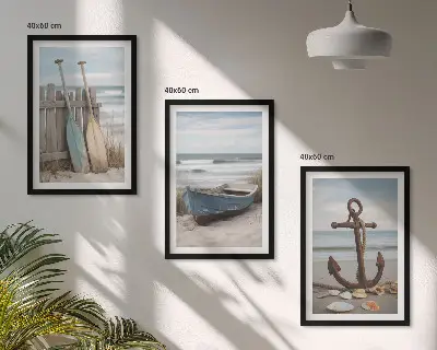 Triptyk-billeder med ramme motiv af strand, båd og anker