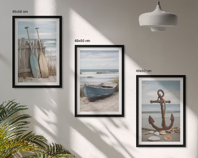 Triptykon billeder med ramme Strandbåd anker sand