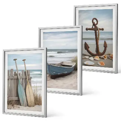 Triptyk-billeder med ramme motiv af strand, båd og anker