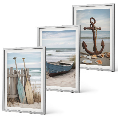Triptykon billeder med ramme Strandbåd anker sand