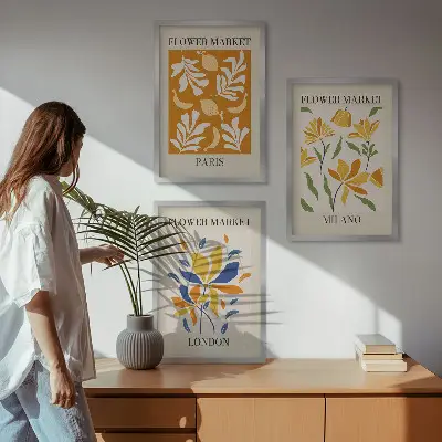 Billedsæt til soveværelset med blomsterplakater fra Paris, Milano og London