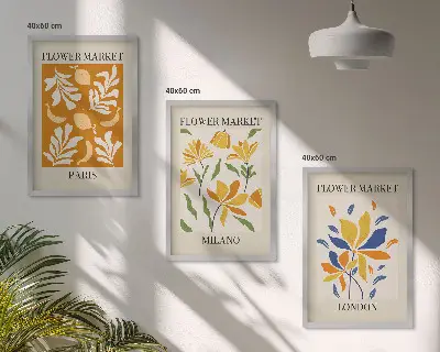 Billedsæt til soveværelset med blomsterplakater fra Paris, Milano og London