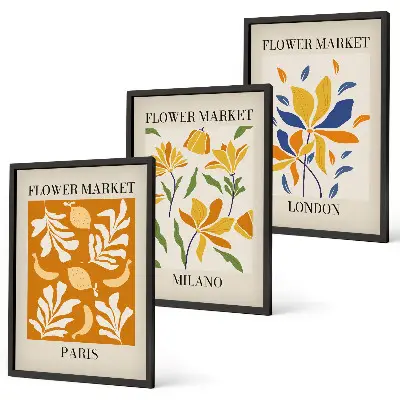 Billedsæt til soveværelset med blomsterplakater fra Paris, Milano og London