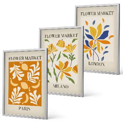 Billedsæt til soveværelset med blomsterplakater fra Paris, Milano og London