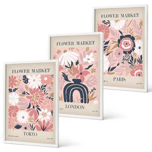 Triptykon billeder med ramme Blomstermotiver Tokyo London Paris