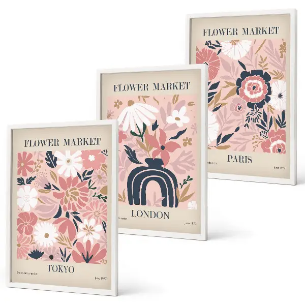 Blomstermotiver med Tokyo, London og Paris triptykon billeder med ramme