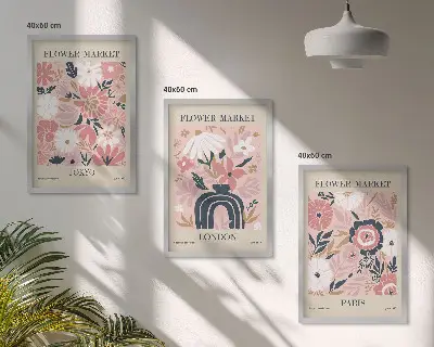 Blomstermotiver med Tokyo, London og Paris triptykon billeder med ramme