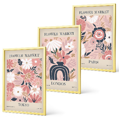 Triptykon billeder med ramme Blomstermotiver Tokyo London Paris
