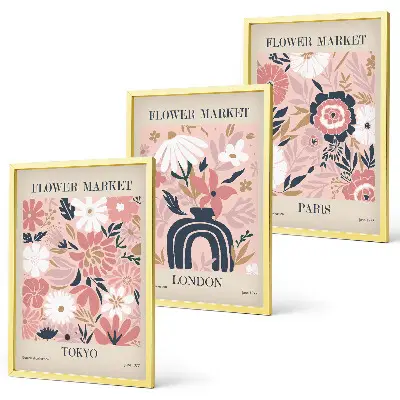 Blomstermotiver med Tokyo, London og Paris triptykon billeder med ramme