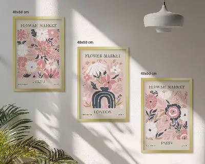 Blomstermotiver med Tokyo, London og Paris triptykon billeder med ramme