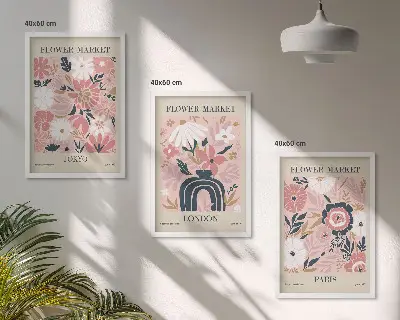 Blomstermotiver med Tokyo, London og Paris triptykon billeder med ramme