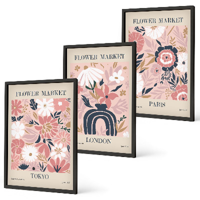 Triptykon billeder med ramme Blomstermotiver Tokyo London Paris