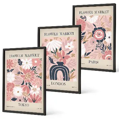Blomstermotiver med Tokyo, London og Paris triptykon billeder med ramme