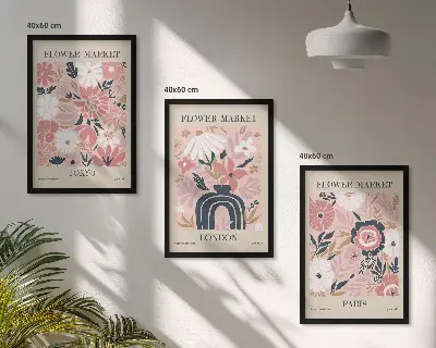 Blomstermotiver med Tokyo, London og Paris triptykon billeder med ramme