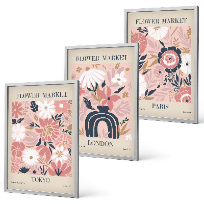 Triptykon billeder med ramme Blomstermotiver Tokyo London Paris