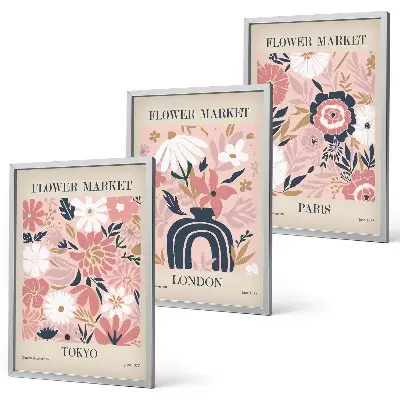 Blomstermotiver med Tokyo, London og Paris triptykon billeder med ramme