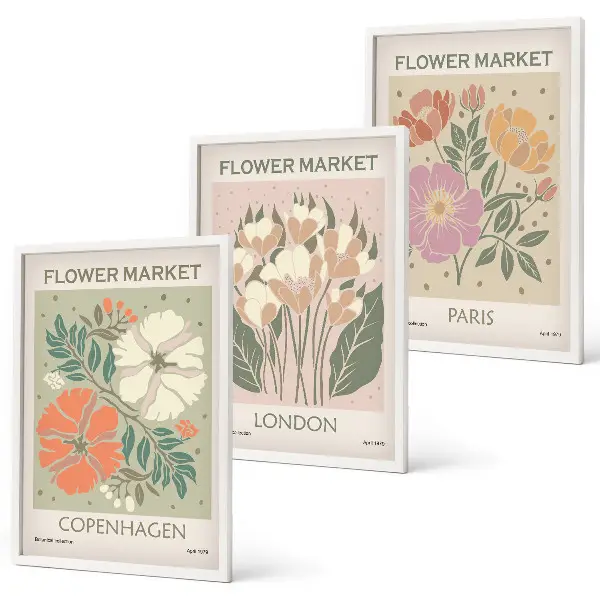 Plakatsæt til soveværelset med motiver af blomster fra København London og Paris