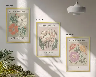 Plakatsæt til soveværelset med motiver af blomster fra København London og Paris