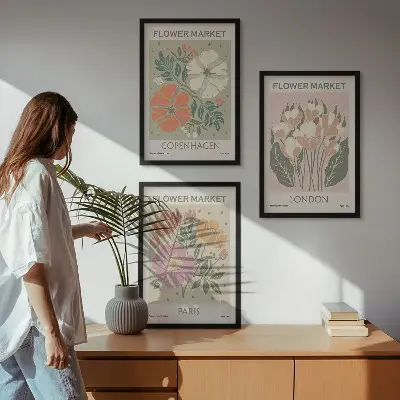 Plakatsæt til soveværelset med motiver af blomster fra København London og Paris