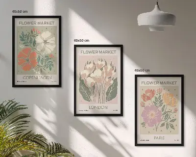 Plakatsæt til soveværelset med motiver af blomster fra København London og Paris