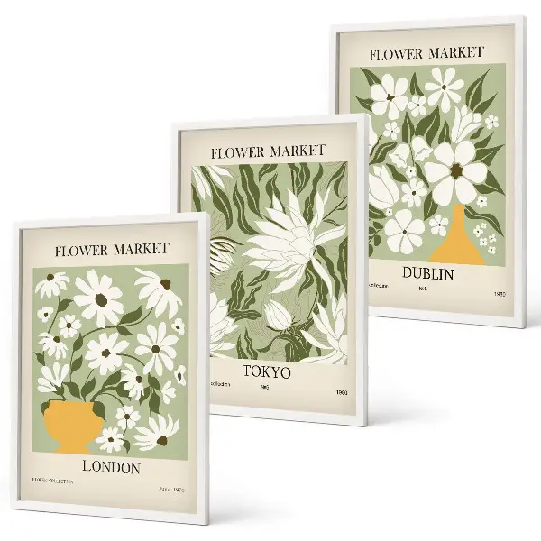 Triptyk-billeder med ramme med blomstermønstre fra London, Tokyo og Dublin