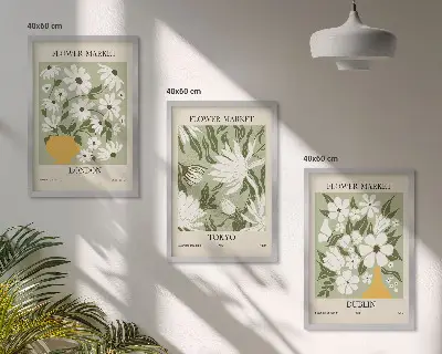 Triptyk-billeder med ramme med blomstermønstre fra London, Tokyo og Dublin