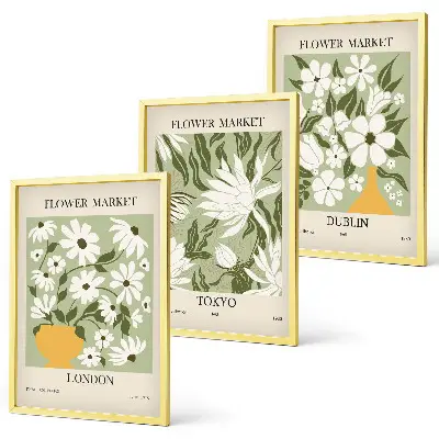 Triptyk-billeder med ramme med blomstermønstre fra London, Tokyo og Dublin