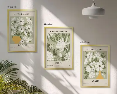 Triptyk-billeder med ramme med blomstermønstre fra London, Tokyo og Dublin