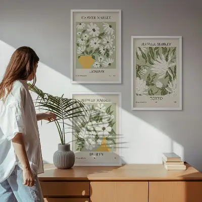 Triptyk-billeder med ramme med blomstermønstre fra London, Tokyo og Dublin
