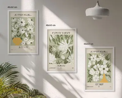 Triptyk-billeder med ramme med blomstermønstre fra London, Tokyo og Dublin
