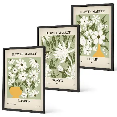 Triptyk-billeder med ramme med blomstermønstre fra London, Tokyo og Dublin