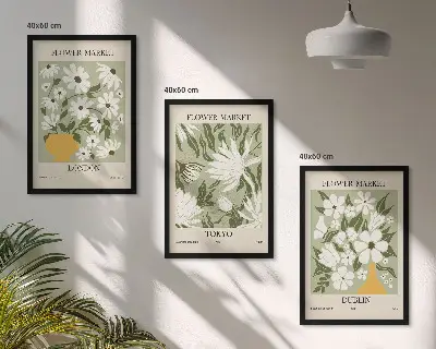 Triptyk-billeder med ramme med blomstermønstre fra London, Tokyo og Dublin