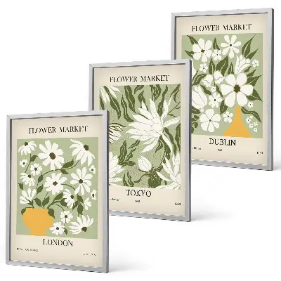 Triptyk-billeder med ramme med blomstermønstre fra London, Tokyo og Dublin