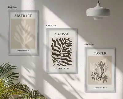 Triptyk med billeder og ramme beige og brune plantemønstre