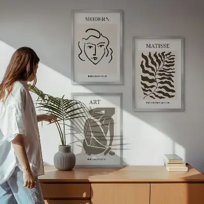 Triptykon billeder med ramme stilfuld grafik med linjer og figurer