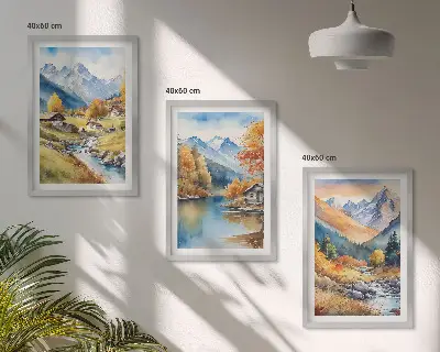 Billedvæg efterårsbjerge med flodhuse