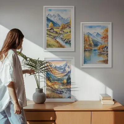 Billedvæg efterårsbjerge med flodhuse